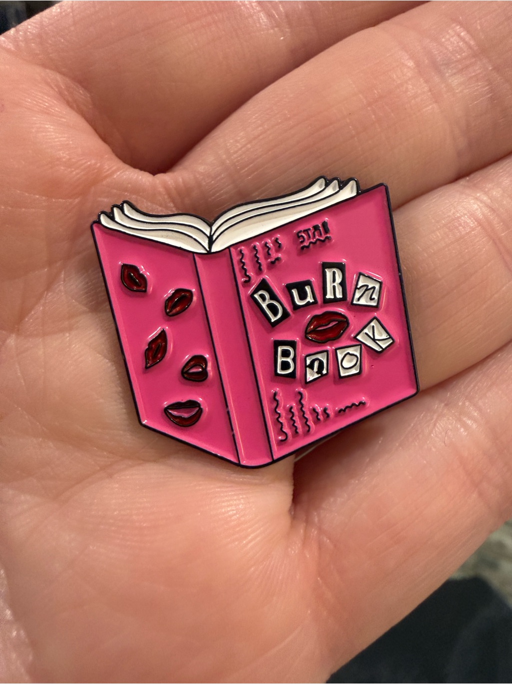 Mean Girls Inspired Hot Pink "Burn Book" Enamel Pin With Red Lipstick Print